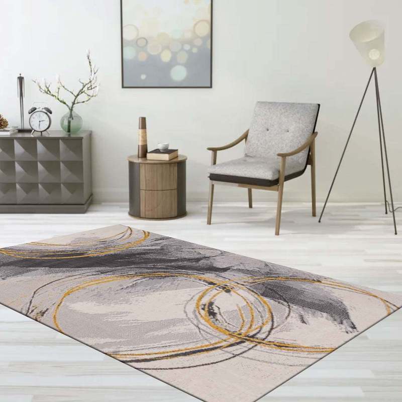 Teppich Wohnzimmer Schlafzimmer Flur Teppich Kurzflor Kreisel Muster in Gelb Creme-zoom-