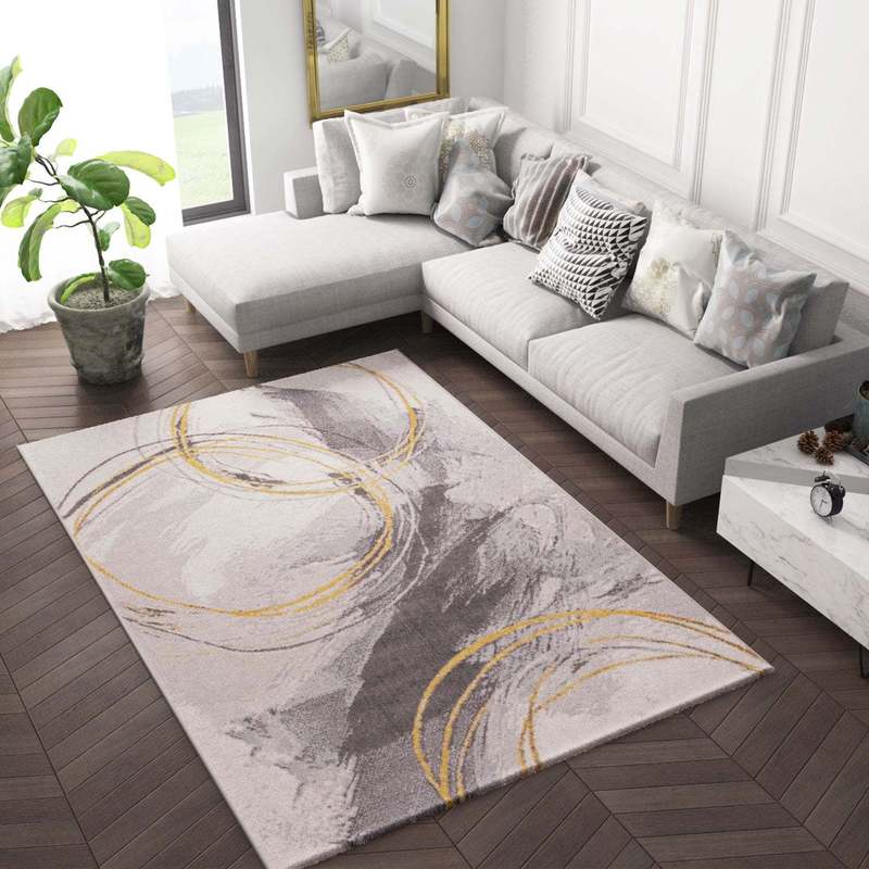 Teppich Wohnzimmer Schlafzimmer Flur Teppich Kurzflor Kreisel Muster in Gelb Creme-zoom-