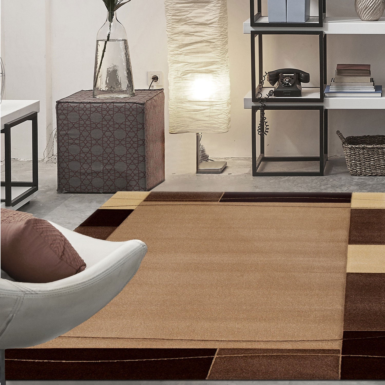 Modern classic rug for living room, short pile, tightly woven with border motif, brown and beige, and contour cut.-zoom-1
