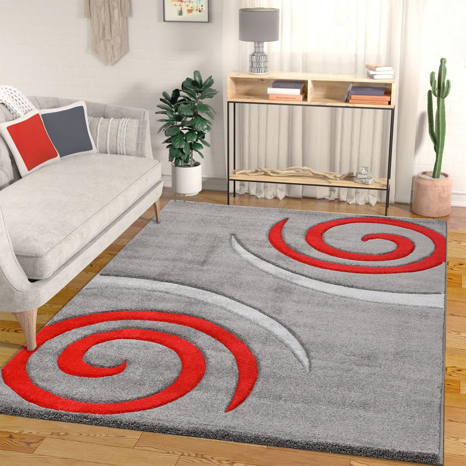 Short-pile carpet with spiral design, densely woven, thick and soft surface, grey and red, hand-cut contours, for living room, bedroom, kitchen-1