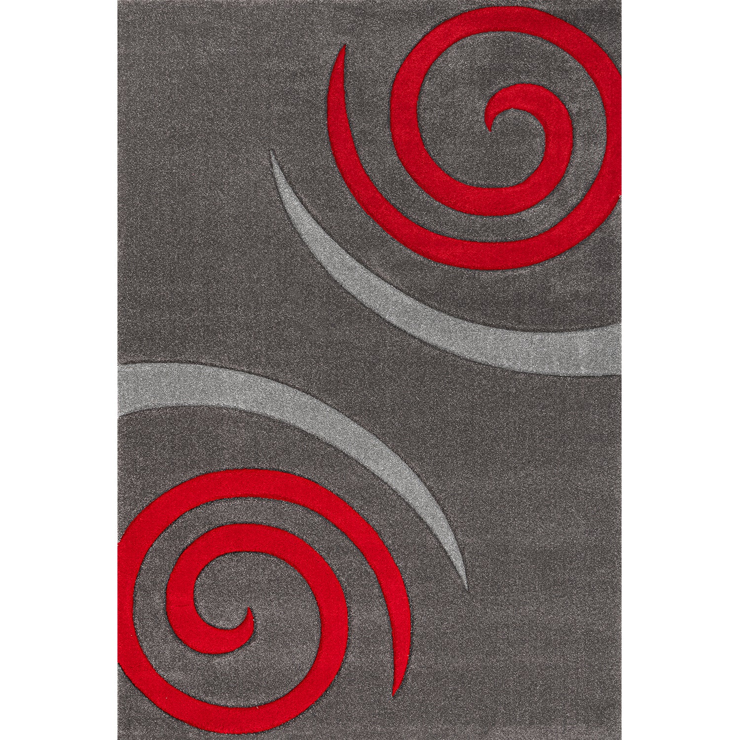 Short-pile carpet with spiral design, densely woven, thick and soft surface, grey and red, hand-cut contours, for living room, bedroom, kitchen