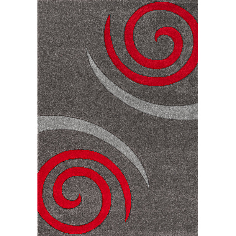 Short-pile carpet with spiral design, densely woven, thick and soft surface, grey and red, hand-cut contours, for living room, bedroom, kitchen-zoom-