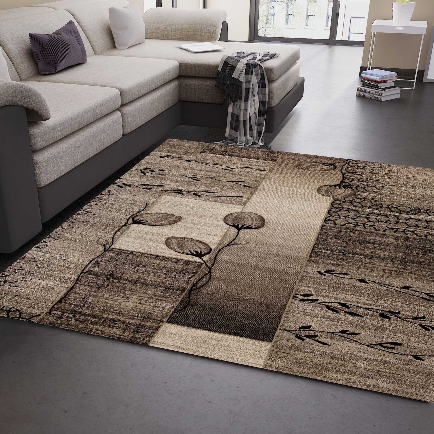 Designer living room rug in natural beige and brown with floral motif-zoom-1
