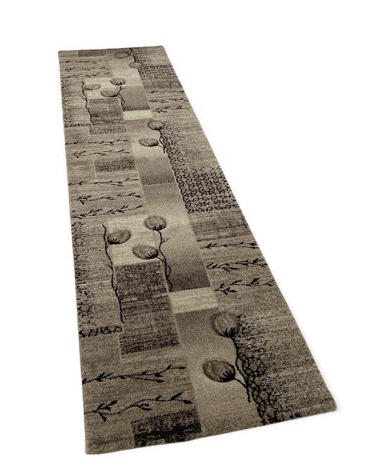 Designer living room rug in natural beige and brown with floral motif