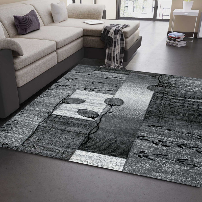 Designer rug, grey, black, cream, floral motif, mottled and contour cut by hand-zoom-