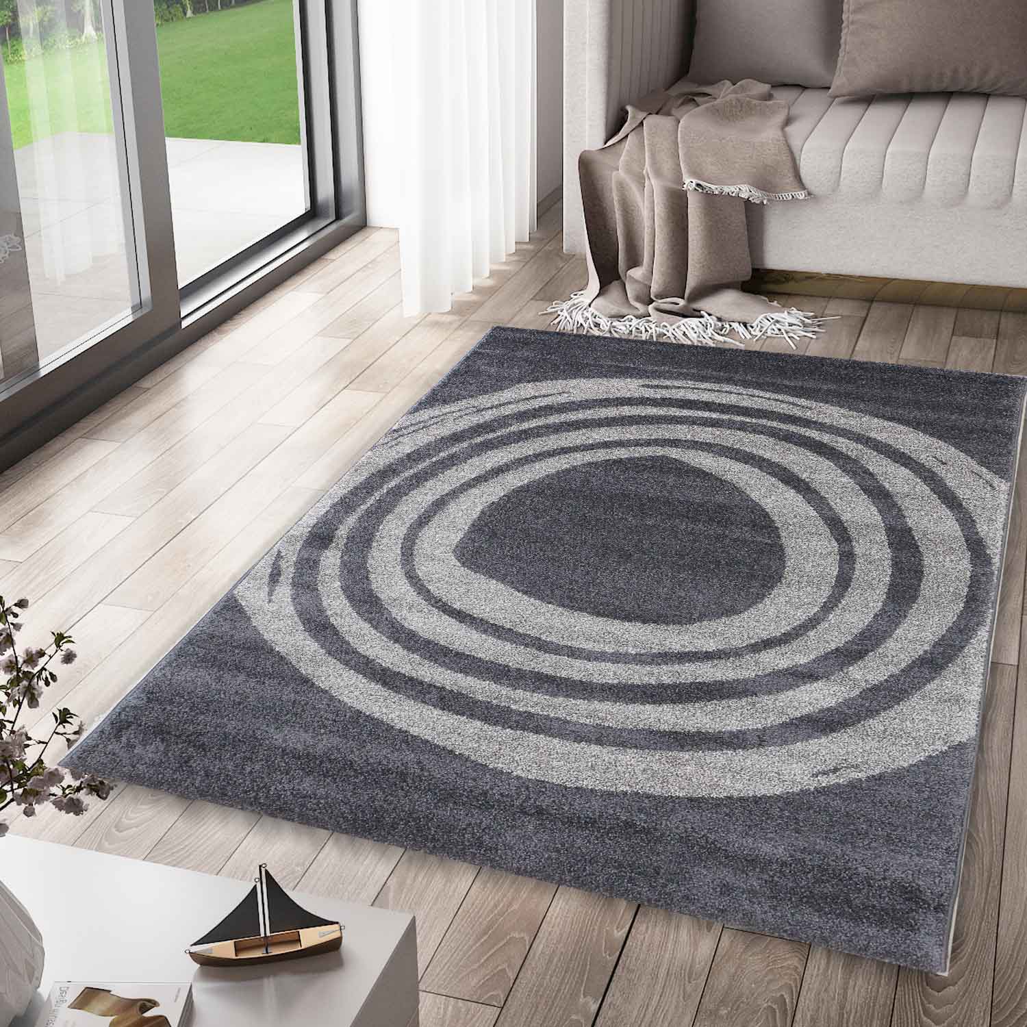 Modern rug for living room, bedroom, designer rug, dark grey, light grey melange, short pile rug