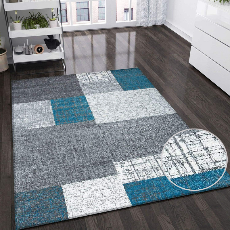 Designer short-pile rug in turquoise, grey and white with tile look for living room-zoom-