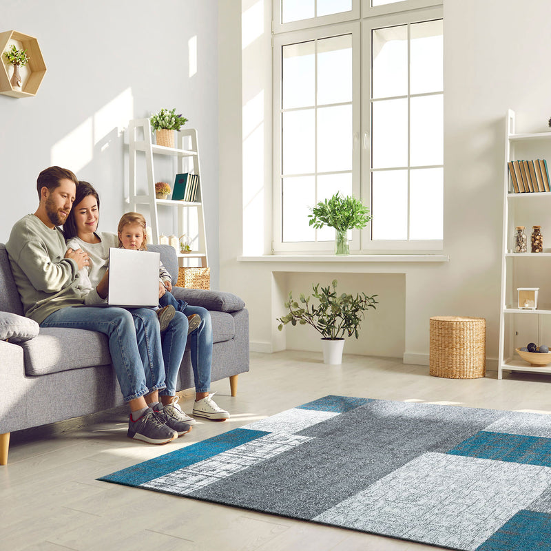 Designer short-pile rug in turquoise, grey and white with tile look for living room-zoom-