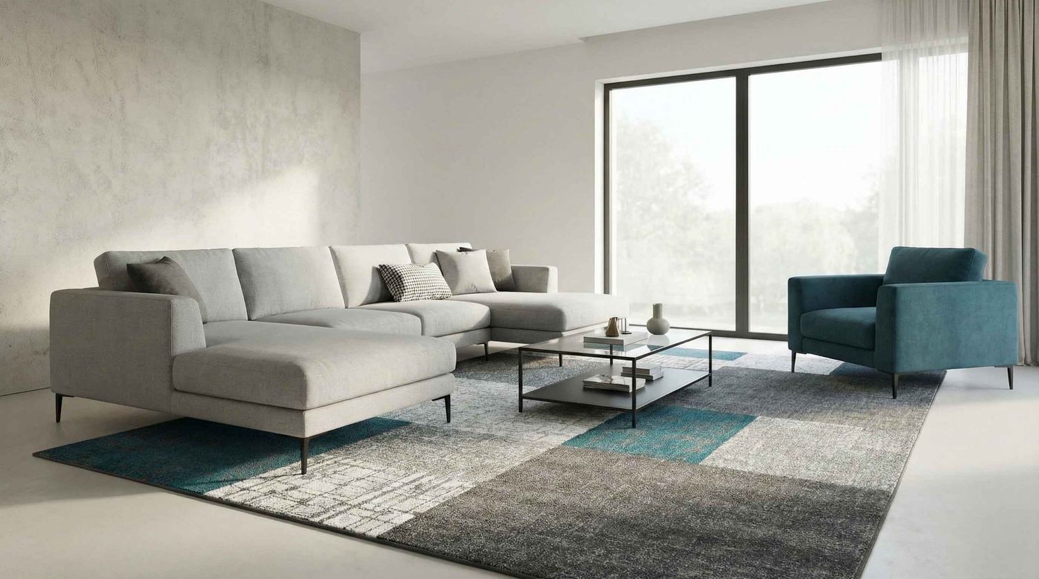 Designer short-pile rug in turquoise, grey and white with tile look for living room-3