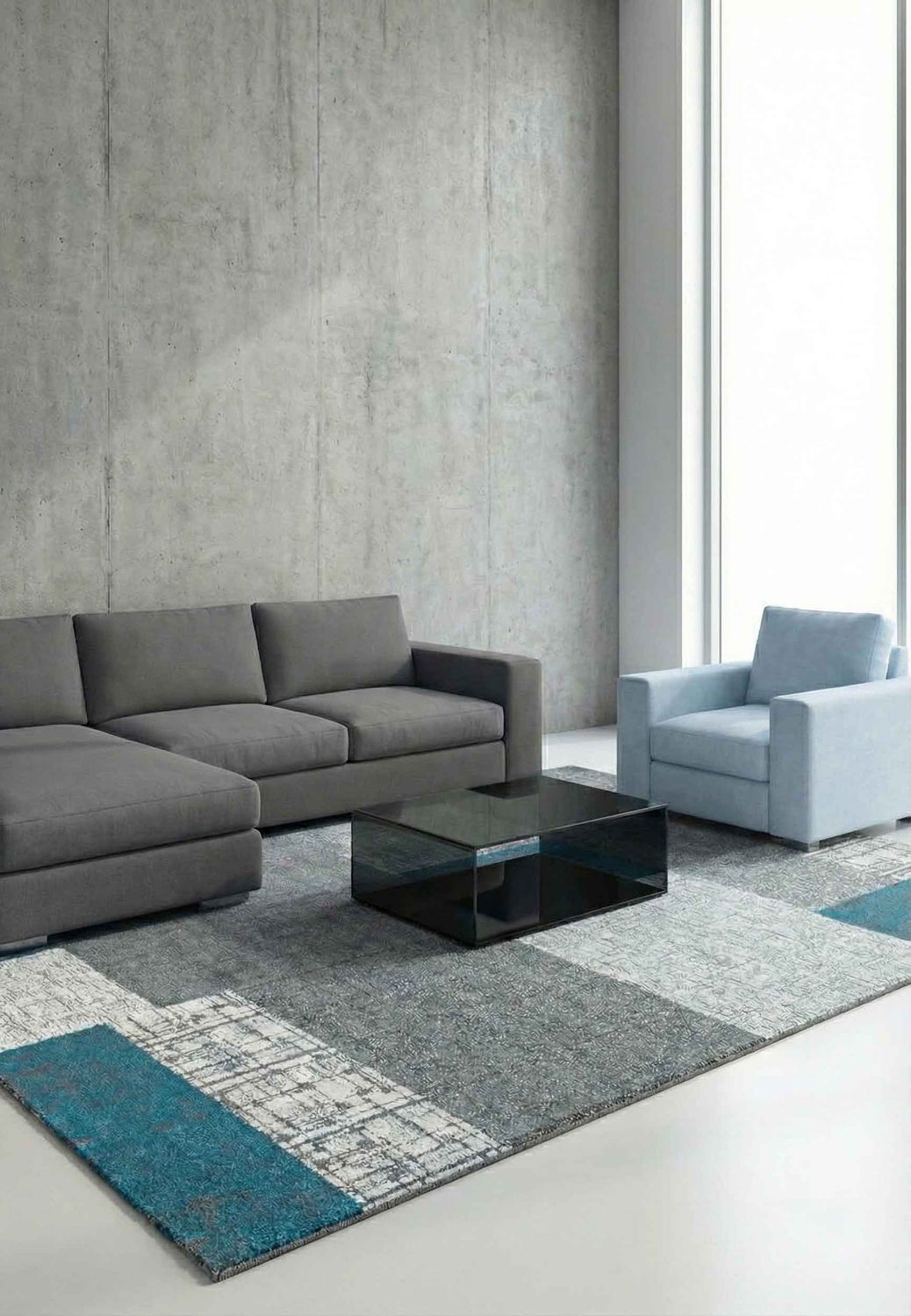 Designer short-pile rug in turquoise, grey and white with tile look for living room-9