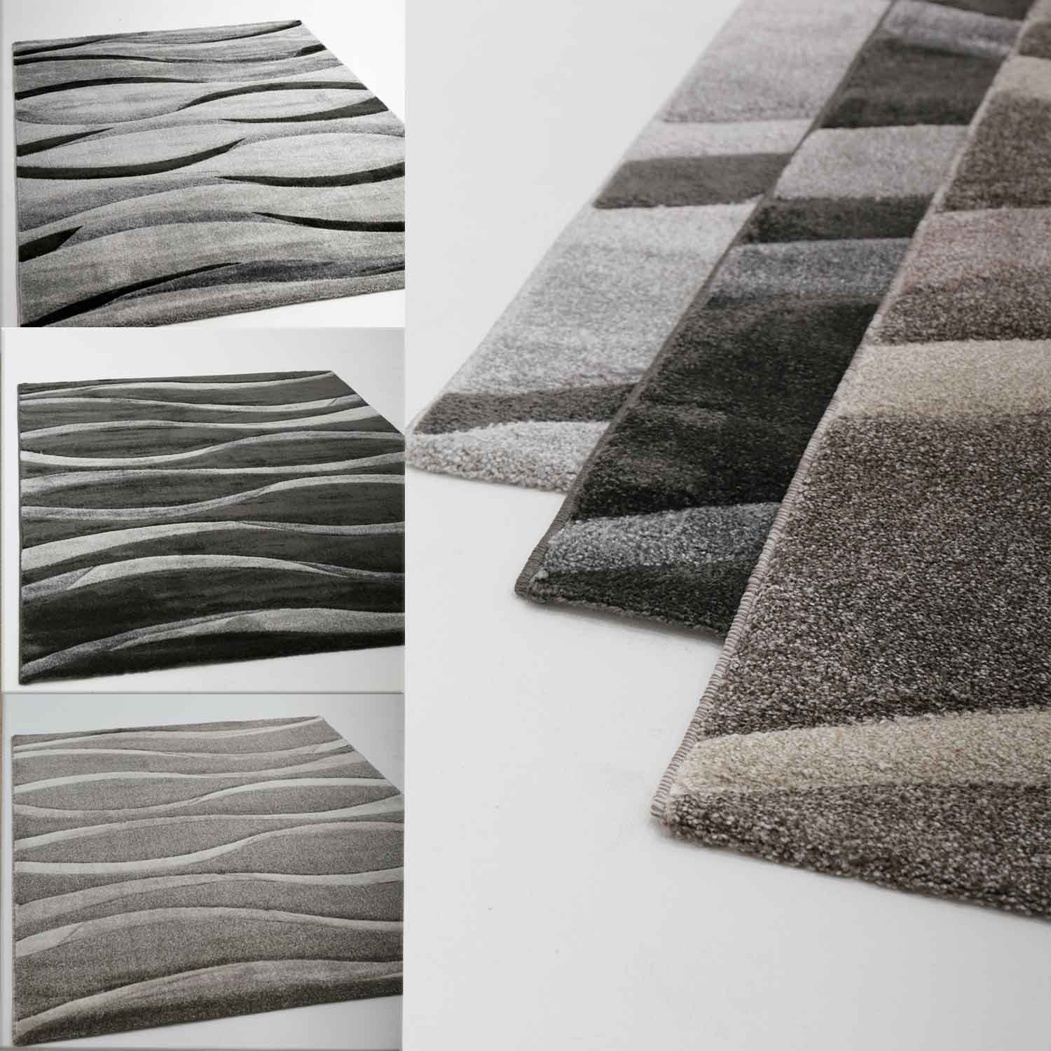 Modern rug with wave pattern, contour cut, for living room in grey, anthracite, brown, and beige