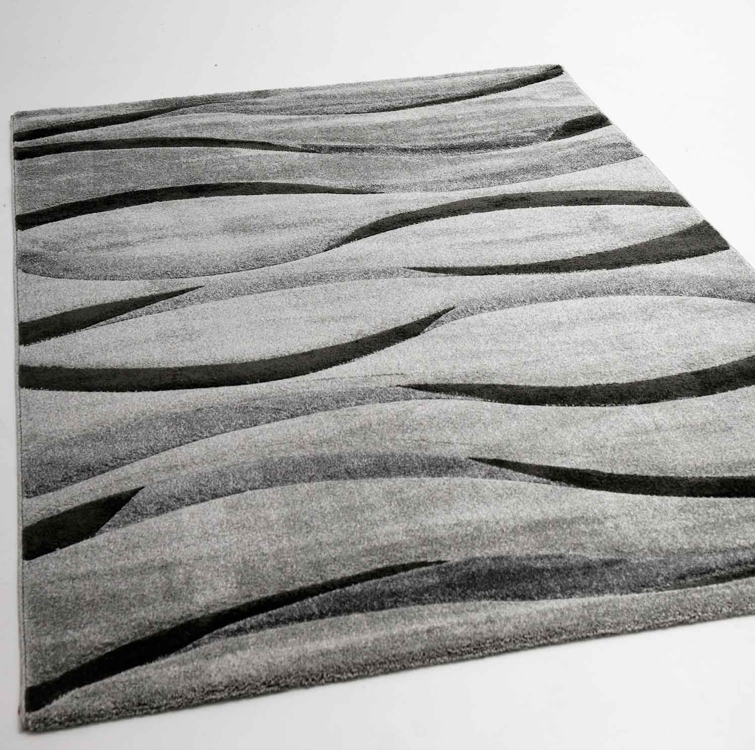 Modern rug with wave pattern, contour cut, for living room in grey, anthracite, brown, and beige