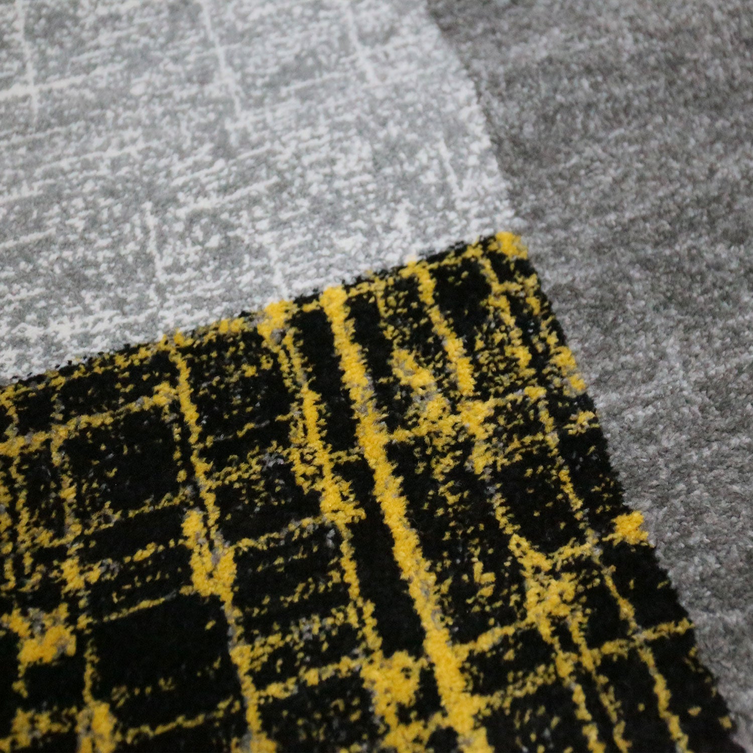 Designer short-pile rug for modern living room in yellow, grey and white with tile look-2