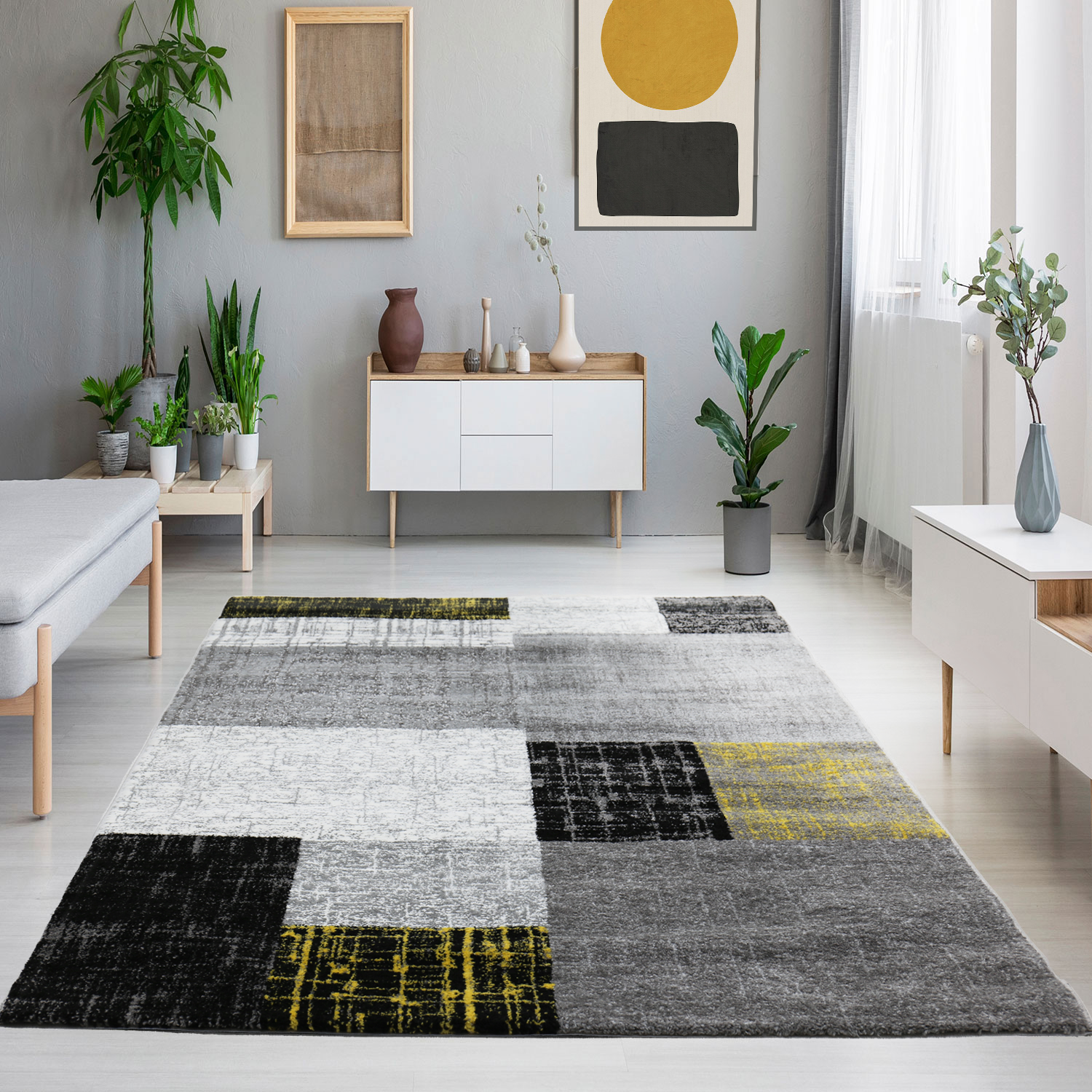 Designer short-pile rug for modern living room in yellow, grey and white with tile look-zoom-1