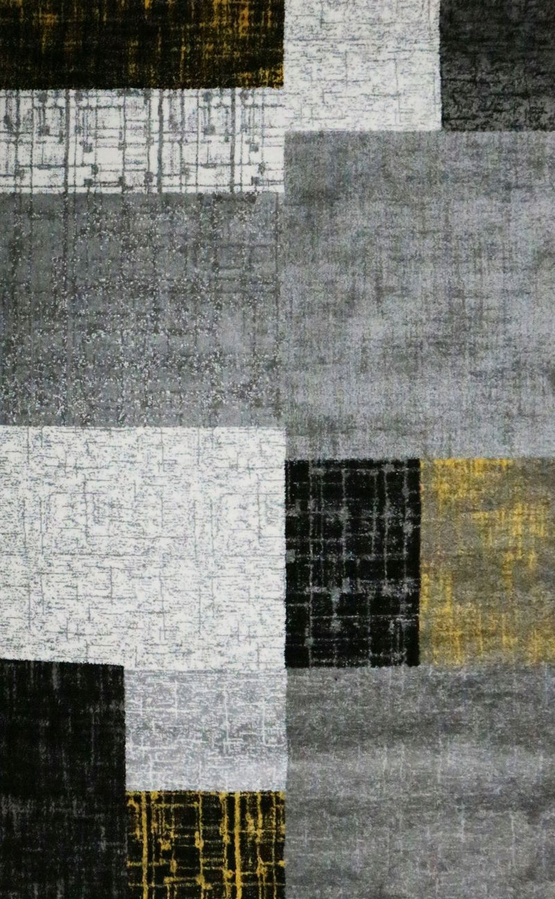 Designer short-pile rug for modern living room in yellow, grey and white with tile look-zoom-