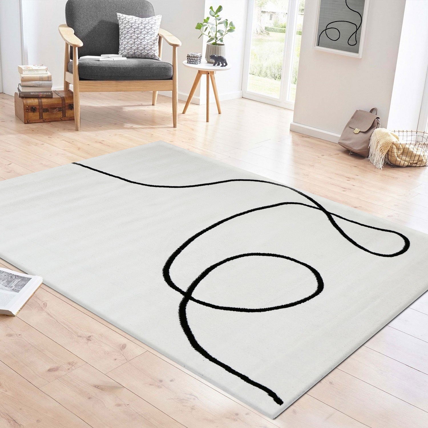 Modern one-line living room rug in cream/black, art design, short pile-zoom-1