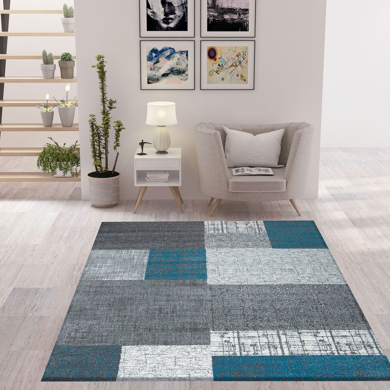 Designer short-pile rug in turquoise, grey and white with tile look for living room-5