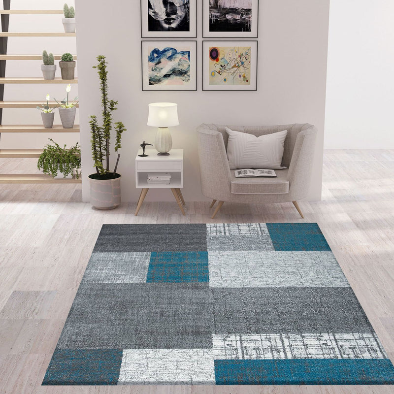 Designer short-pile rug in turquoise, grey and white with tile look for living room-zoom-