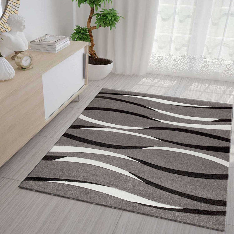 Designer rug with curved lines in grey, white and black. Harmonious.-zoom-