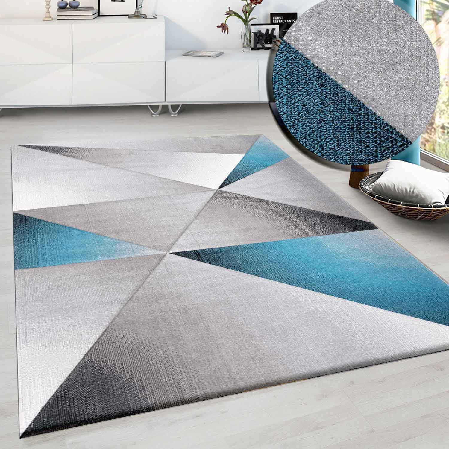 Designer Rug Modern Geometric Pattern Short Pile Grey Black Turquoise Mottled-zoom-1