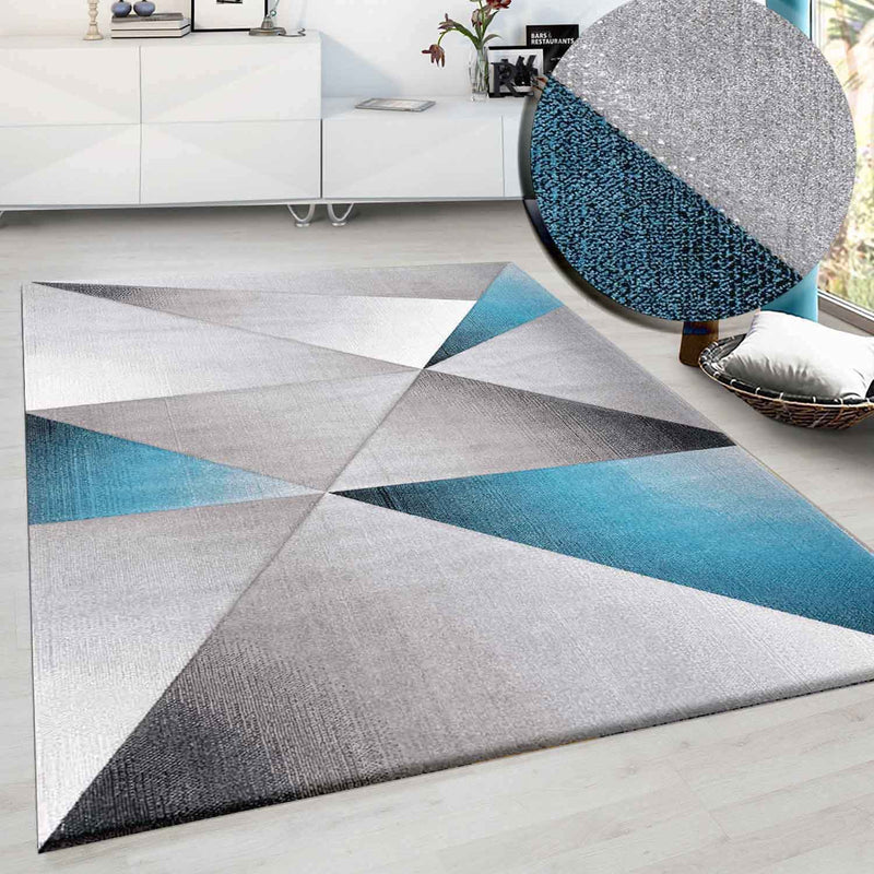 Designer Rug Modern Geometric Pattern Short Pile Grey Black Turquoise Mottled-zoom-