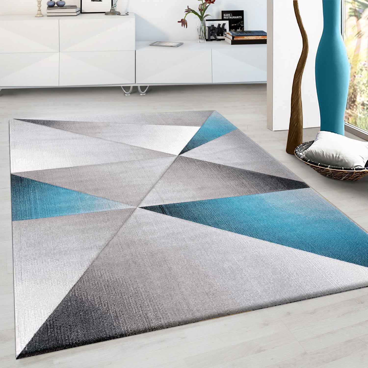 Designer Rug Modern Geometric Pattern Short Pile Grey Black Turquoise Mottled-2