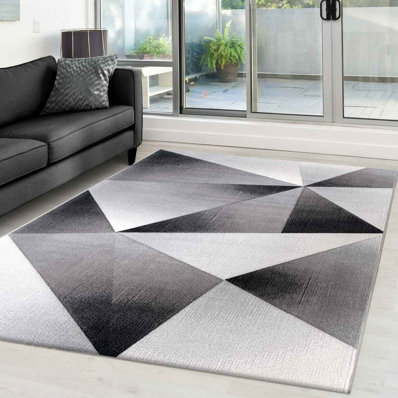 Modern Rug with Geometric Pattern, Short Pile, Grey, Black, White Mottled-zoom-