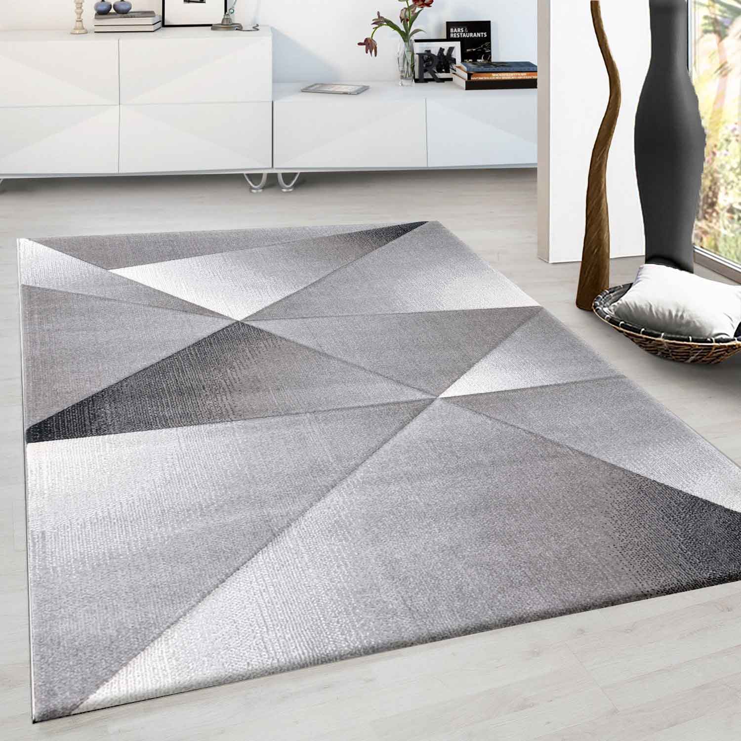 Designer Rug Modern Geometric Pattern Short Pile Grey Black White Mottled-zoom-1