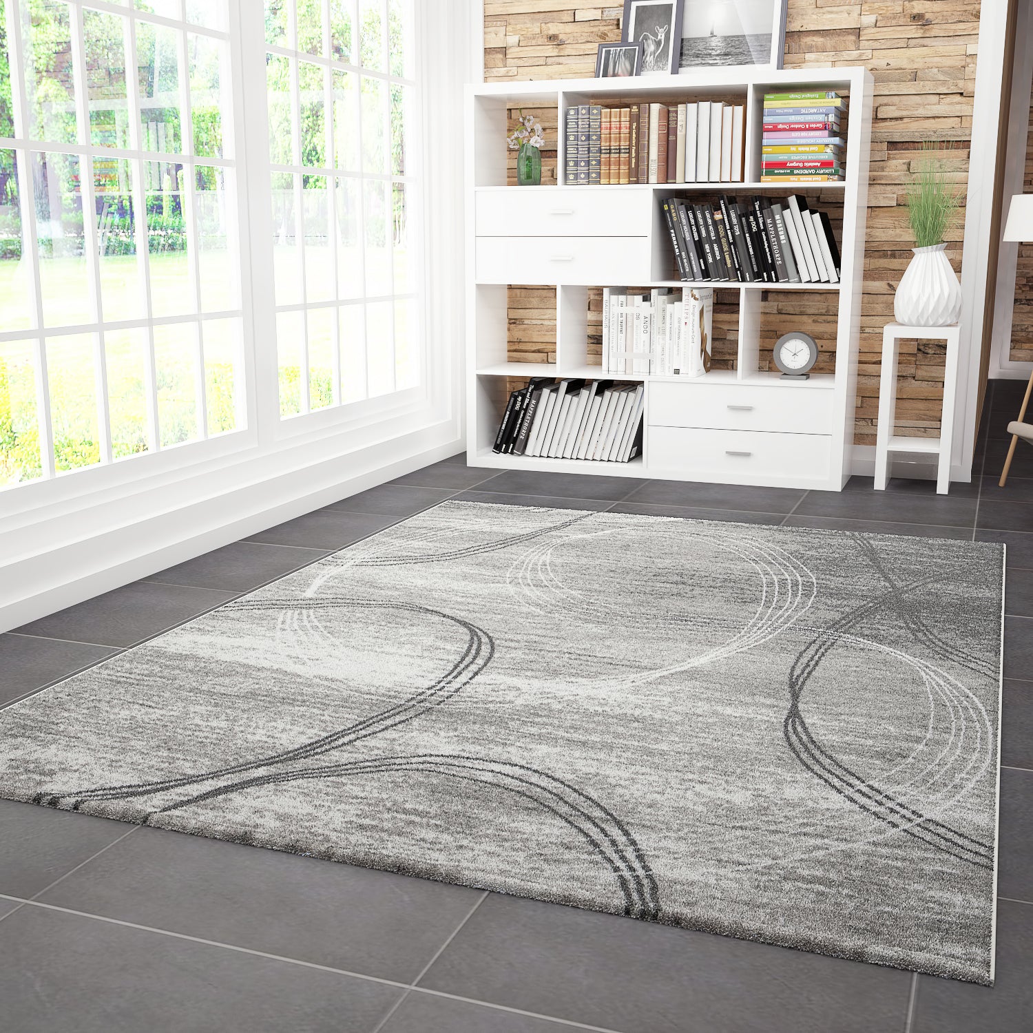 Designer rug, modern swirl pattern, mottled in grey and black-zoom-6