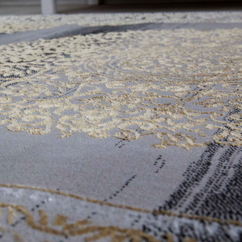 Short-pile rug, modern oriental rug, elegant oriental sheen, grey, gold, black, for living room, bedroom-zoom-