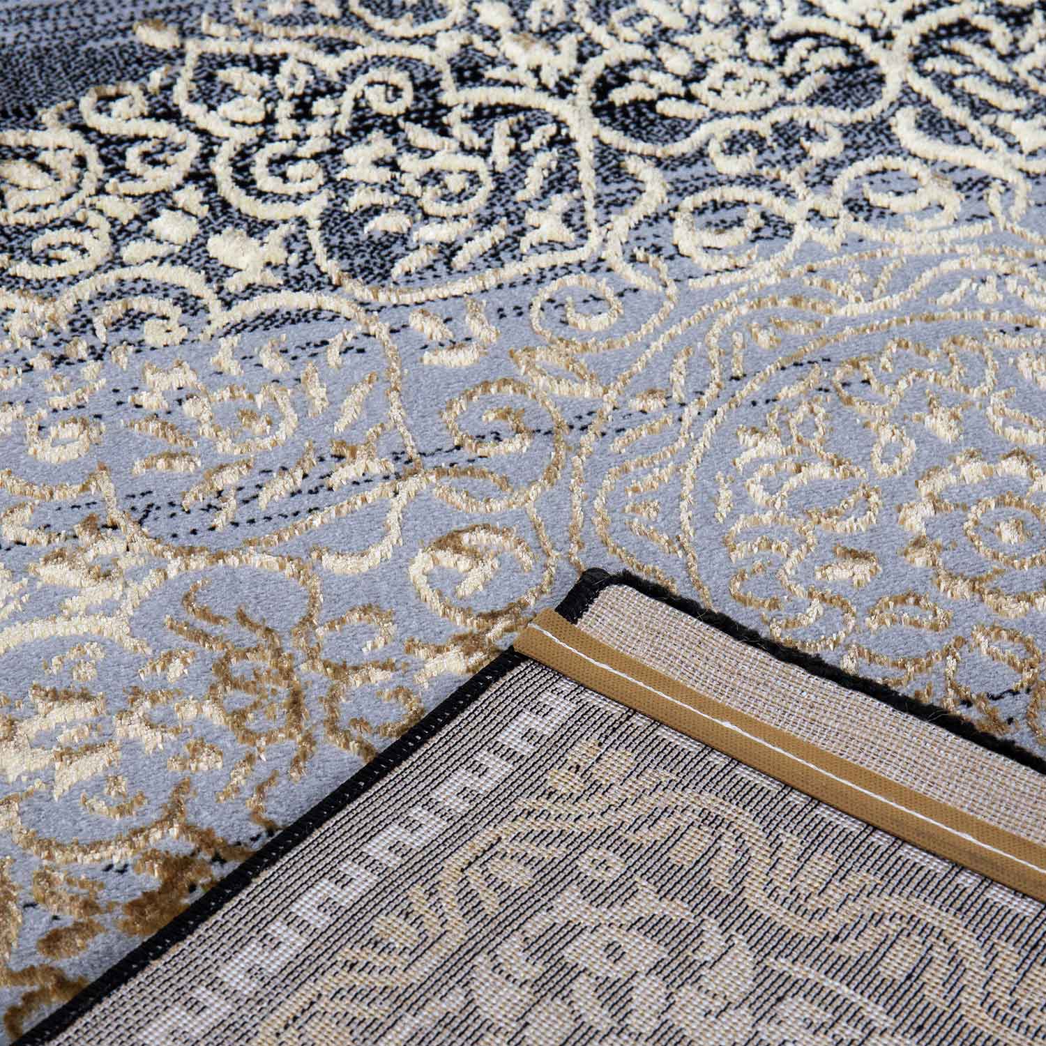 Short-pile rug, modern oriental rug, elegant oriental sheen, grey, gold, black, for living room, bedroom