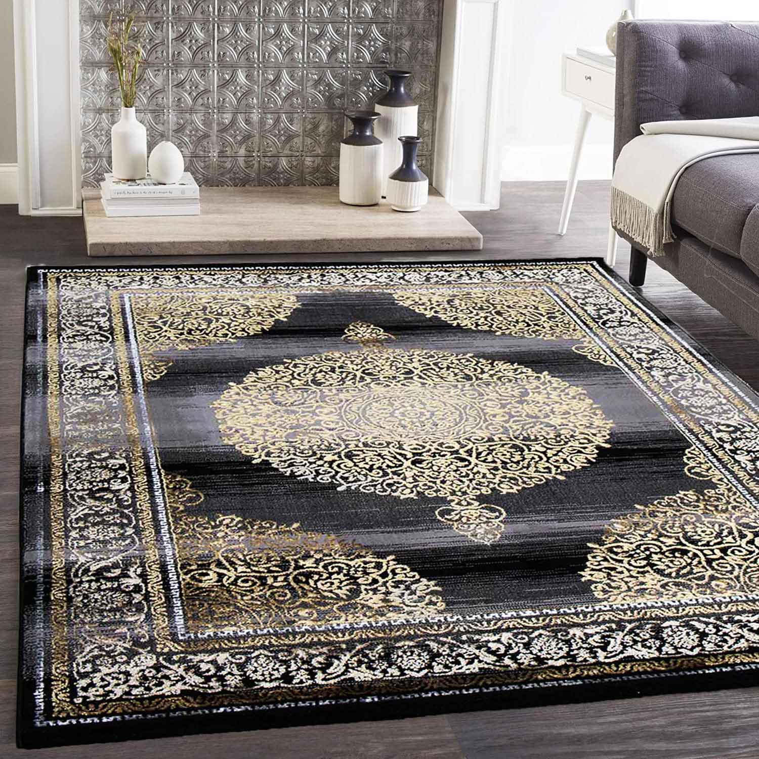 Short-pile rug, modern oriental rug, elegant oriental sheen, grey, gold, black, for living room, bedroom-1