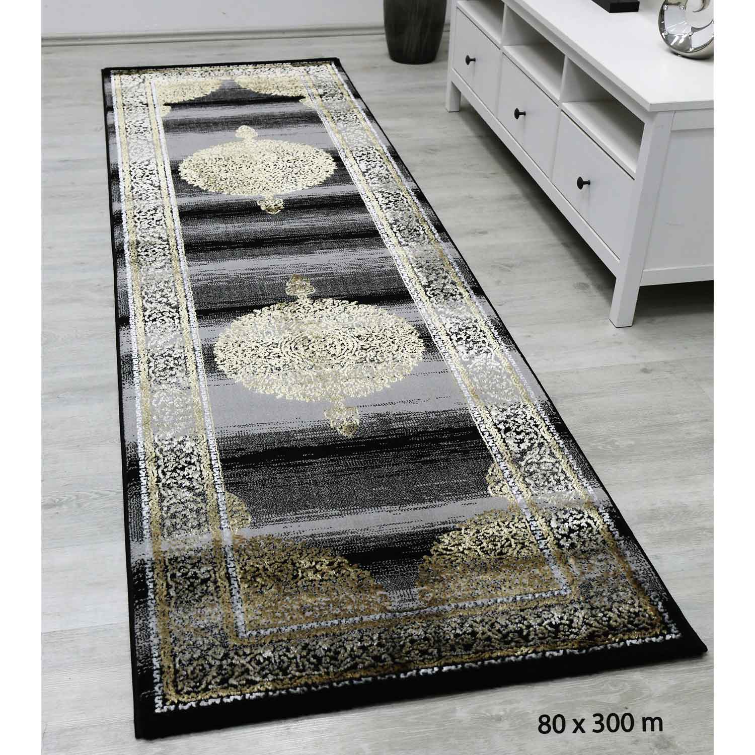 Short-pile rug, modern oriental rug, elegant oriental sheen, grey, gold, black, for living room, bedroom-zoom-5
