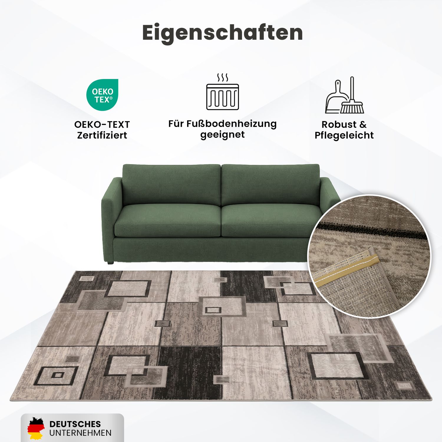 Designer living room rug, brown and beige checkered retro with geometric motifs and color gradient