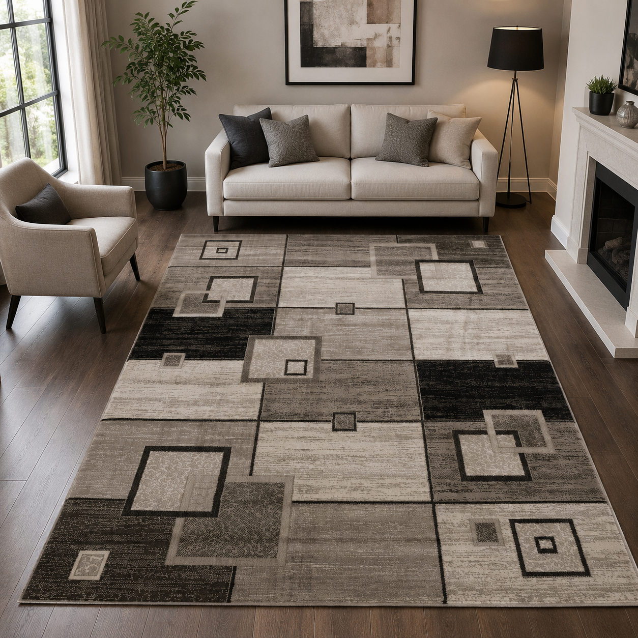 Designer living room rug, brown and beige checkered retro with geometric motifs and color gradient-1