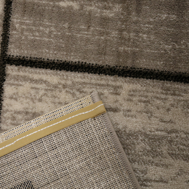 Designer living room rug, brown and beige checkered retro with geometric motifs and color gradient-zoom-