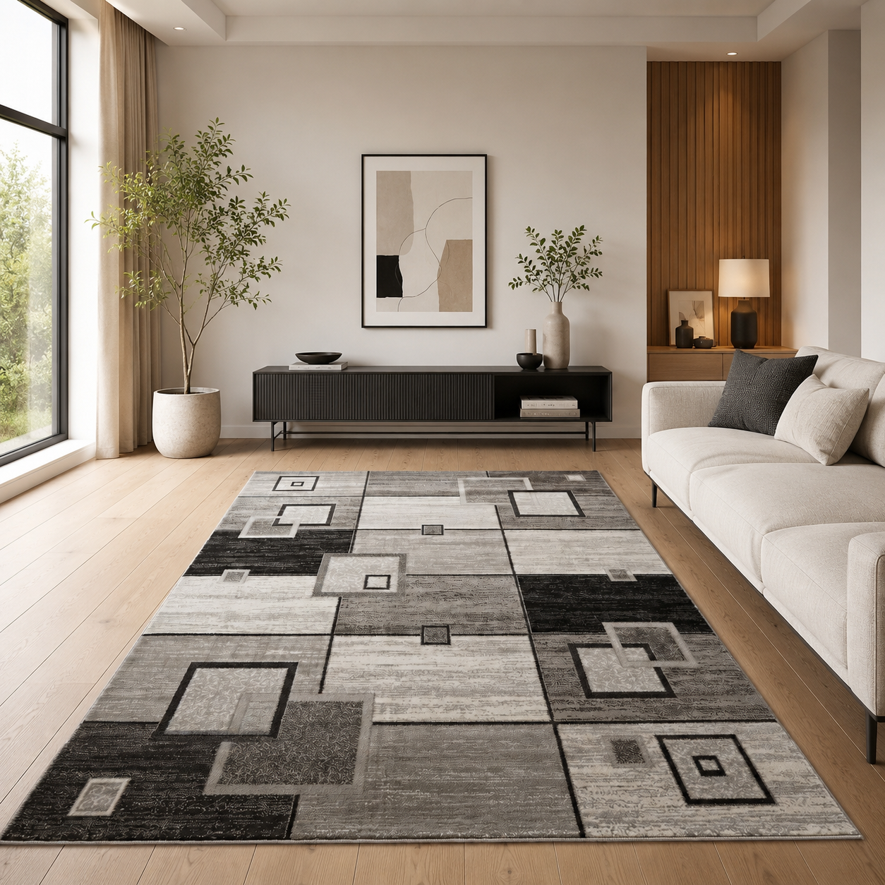 Designer living room rug, brown and beige checkered retro with geometric motifs and color gradient-zoom-3