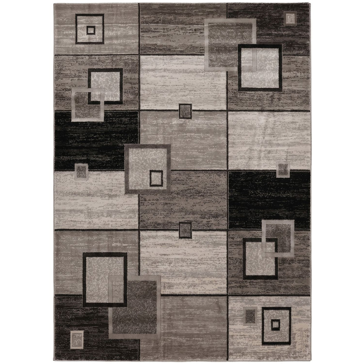 Designer living room rug, brown and beige checkered retro with geometric motifs and color gradient