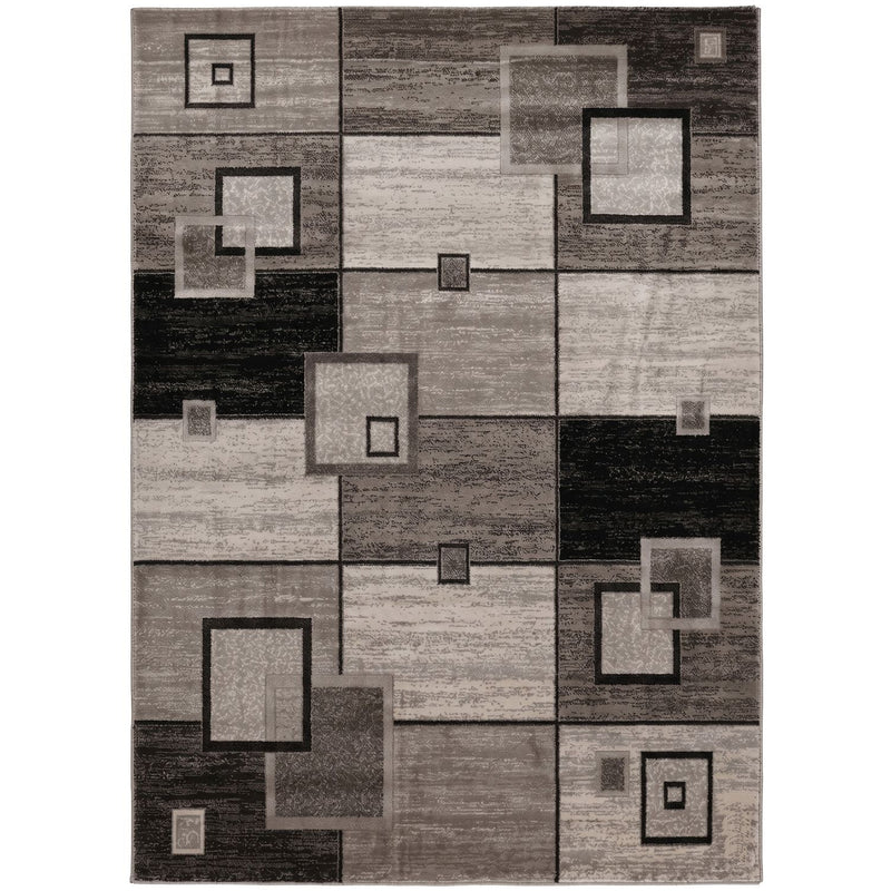 Designer living room rug, brown and beige checkered retro with geometric motifs and color gradient-zoom-