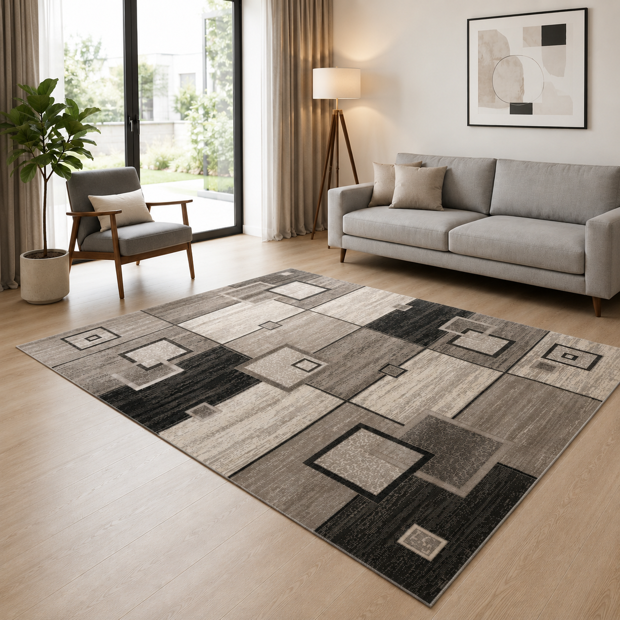 Designer living room rug, brown and beige checkered retro with geometric motifs and color gradient-zoom-5
