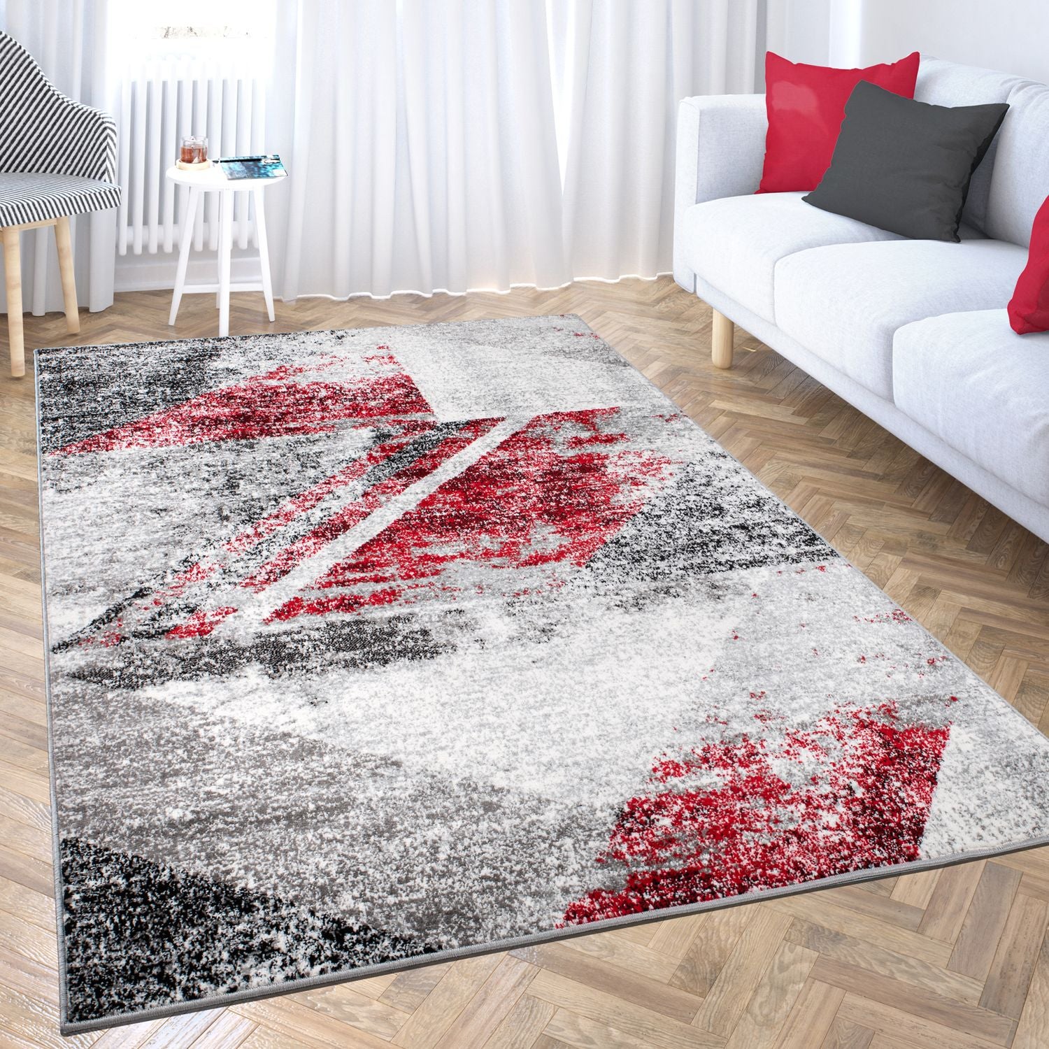 Short-pile geometric rug in red and grey canvas look, mottled, for living room, bedroom
