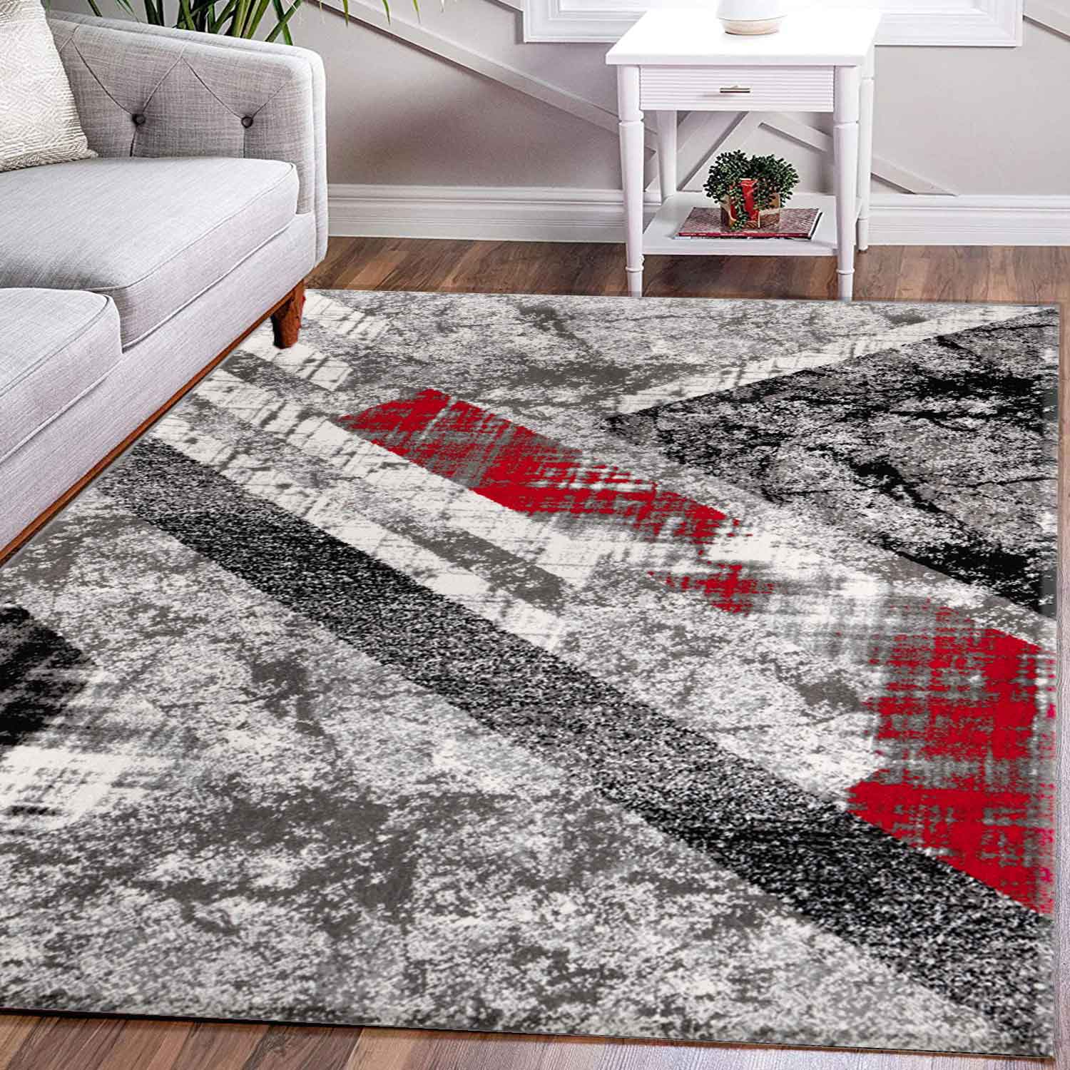 Designer Teppich Wohnzimmer Geometrisches Muster Streifen Optik Meliert Rot Grau Weiß Schwarz-1