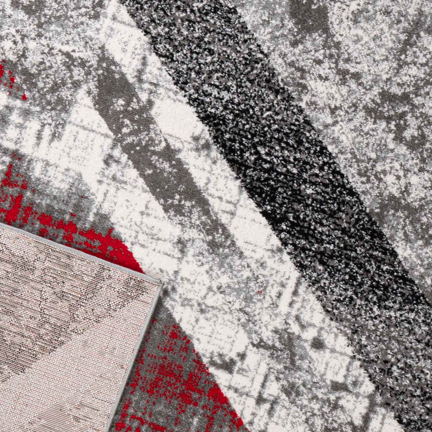 Designer Teppich Wohnzimmer Geometrisches Muster Streifen Optik Meliert Rot Grau Weiß Schwarz-2