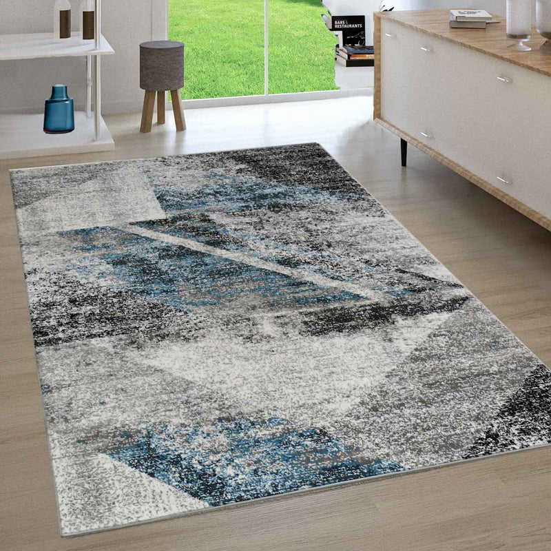 Designer Teppich Wohnzimmer Geometrisches Muster Leinwand Optik Meliert Blau Grau Anthrazit Kurzflor-zoom-
