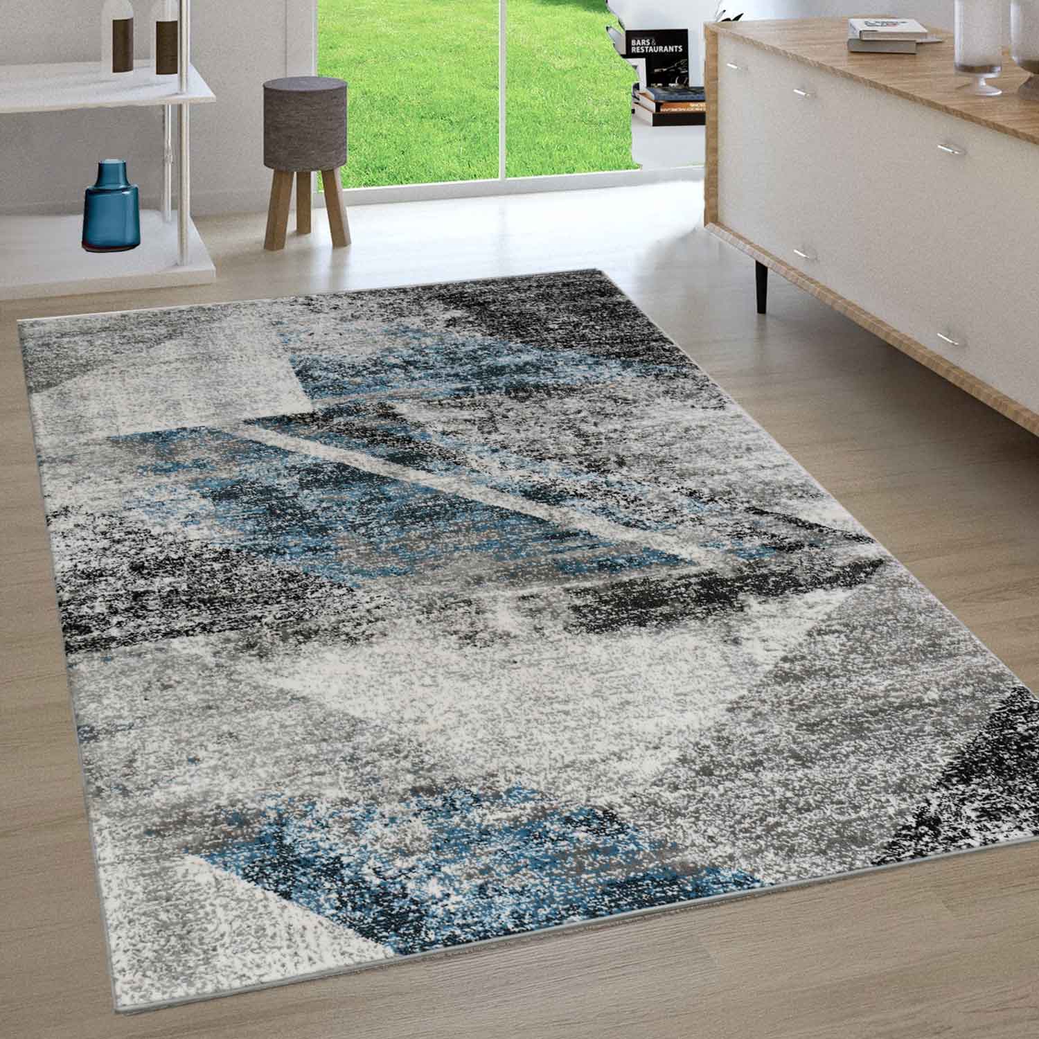 Designer Teppich Wohnzimmer Geometrisches Muster Leinwand Optik Meliert Blau Grau Anthrazit Kurzflor