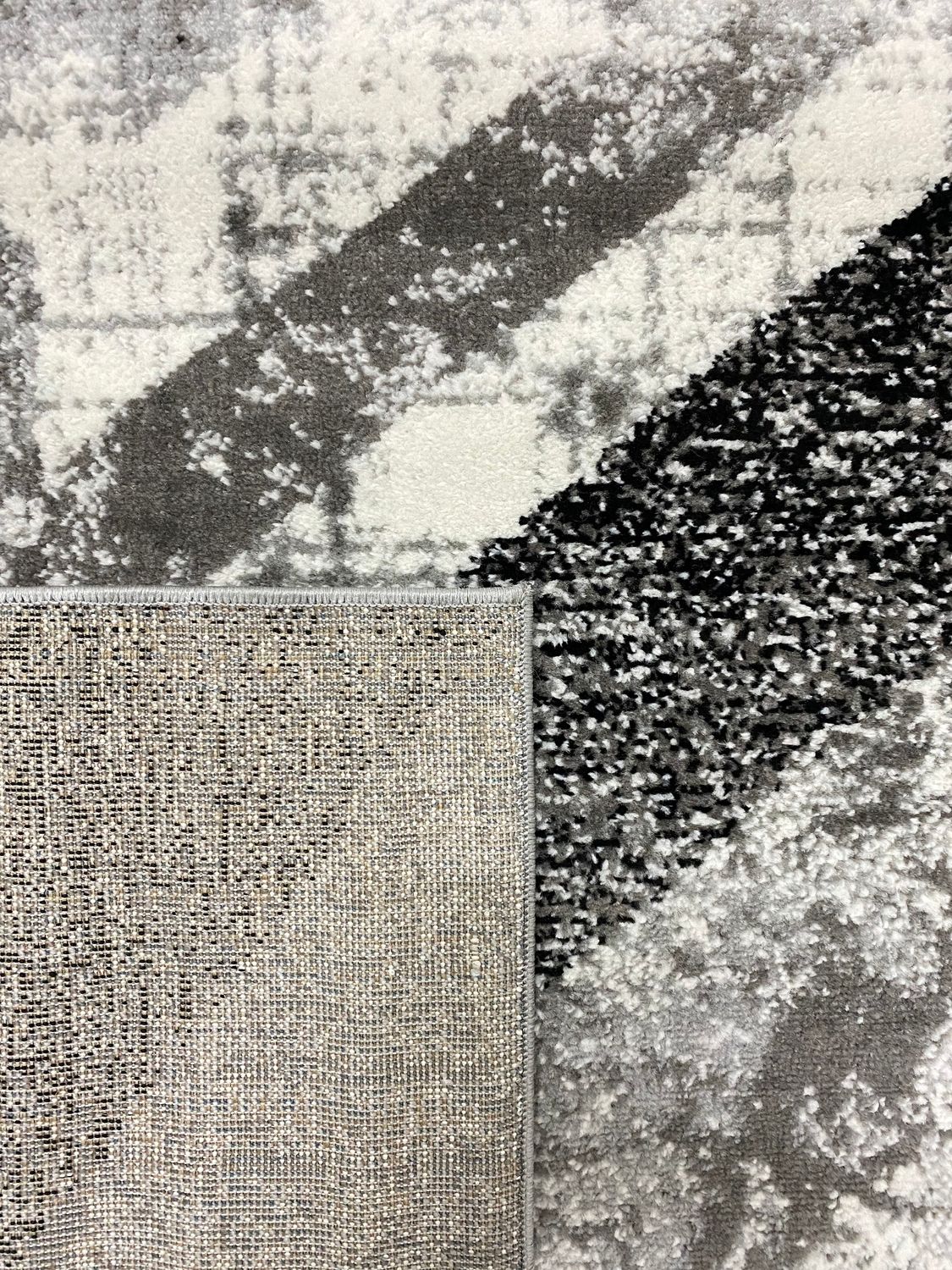 Designer rug for living room, geometric pattern, striped look, mottled red, grey, white, black-2