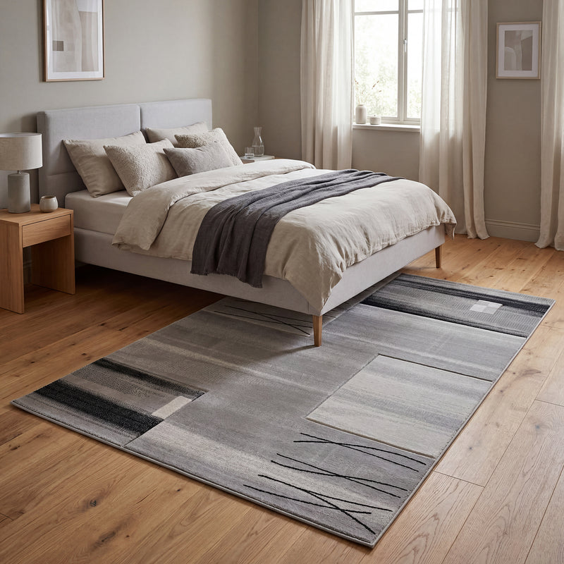 Designer living room rug, grey tile look with color gradient and contour cut-zoom-