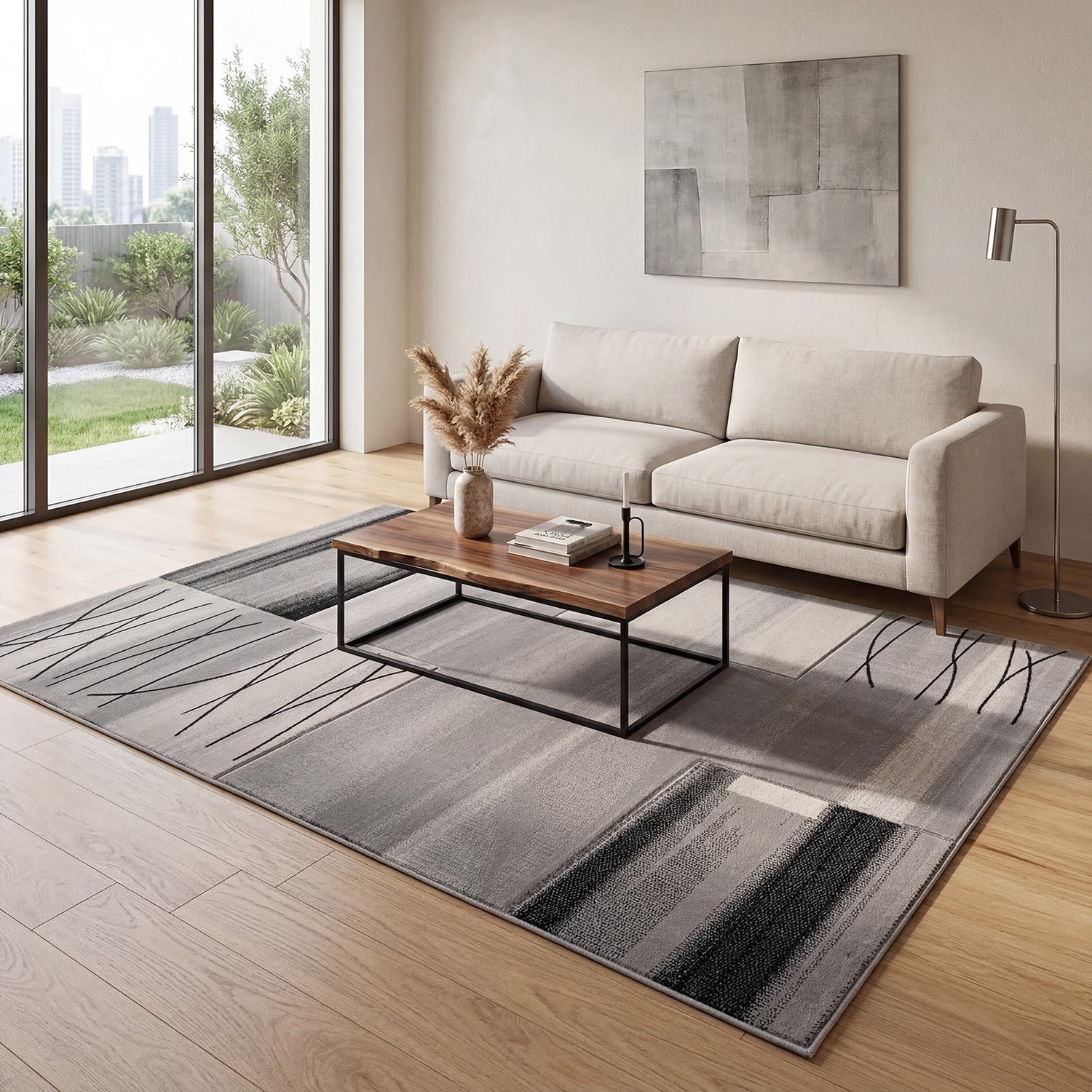 Designer living room rug, grey tile look with color gradient and contour cut-zoom-10