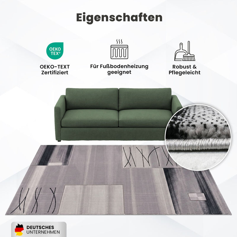 Designer living room rug, grey tile look with color gradient and contour cut-zoom-