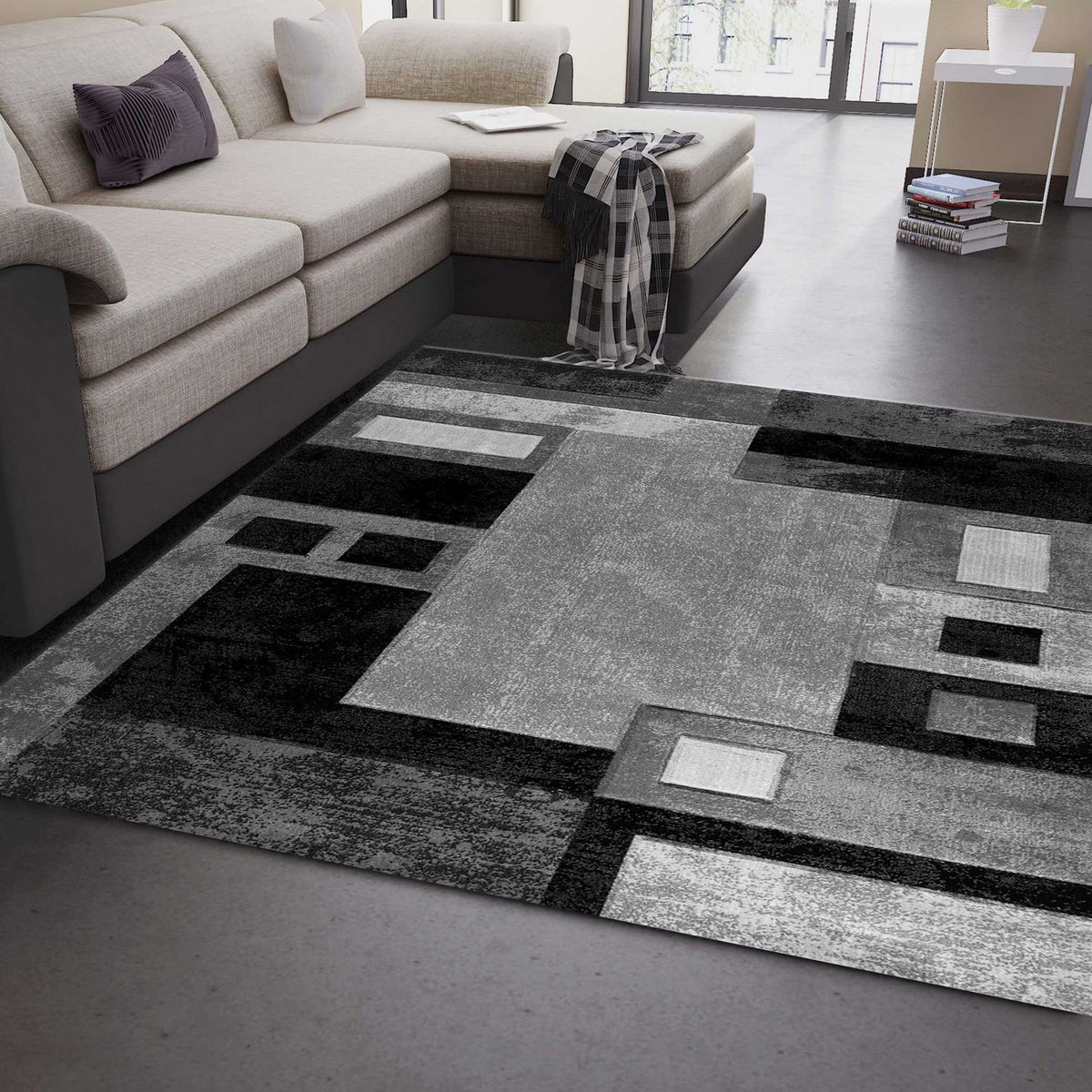Designer Teppich Wohnzimmer Grau Kariert mit Farbverlauf und Konturenschnitt